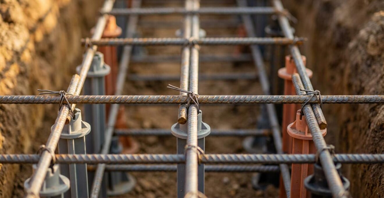 Close-up view of reinforced steel rebar cage structure for swimming pool shell construction showing proper spacing and chair supports