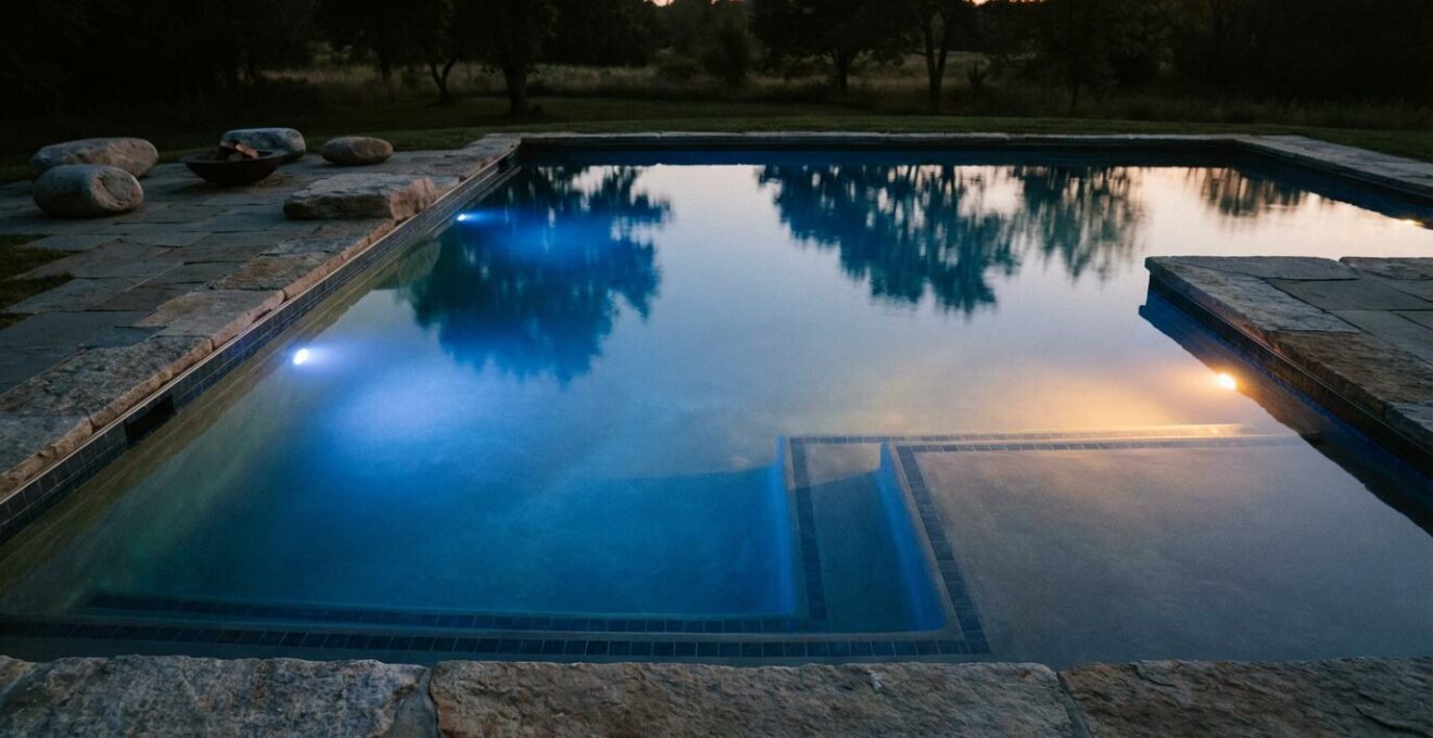 Evening pool illuminated with calming blue and warm amber underwater lights creating a serene atmosphere for stress relief
