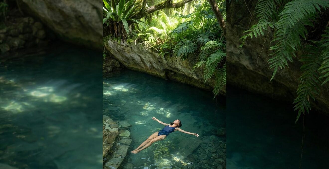 An intimate pool alcove with natural stone edges and overhanging plants creating a private floating sanctuary