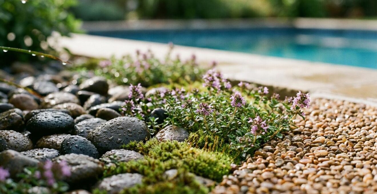 Close-up view of varied poolside textures from smooth stones to soft moss creating tactile transitions