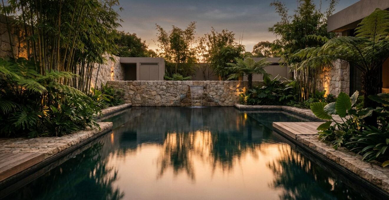 Tranquil courtyard pool area with modern filtration system concealed in landscaped enclosure during golden hour