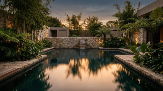 Tranquil courtyard pool area with modern filtration system concealed in landscaped enclosure during golden hour