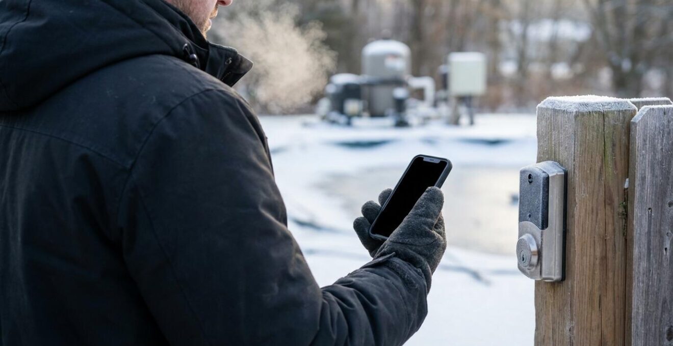 Pool service technician using smartphone app to access smart lock on pool equipment gate