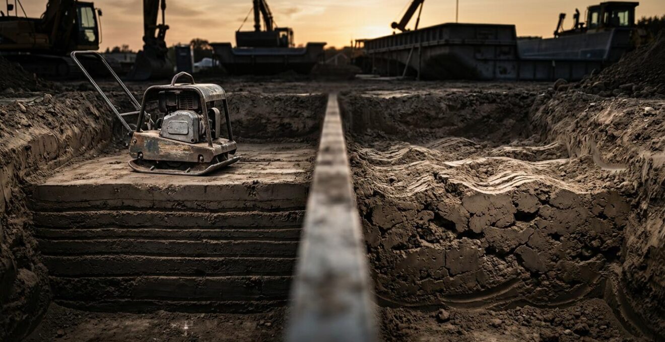 Cross-sectional view showing proper soil compaction in thin layers versus improper thick layer compaction