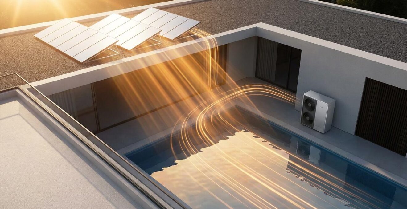 Solar panel array connected to pool heat pump with smart controller showing synchronization