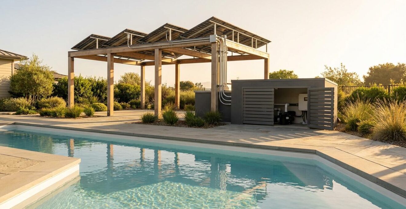 Solar panels connected to a pool pump system in a backyard setting