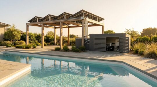 Solar panels connected to a pool pump system in a backyard setting