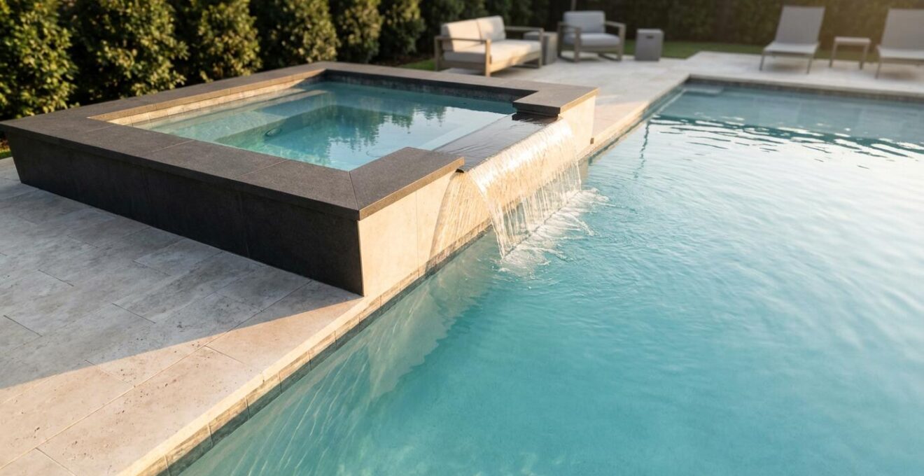 Raised corner spillover spa with glass-like water sheet cascading into modern rectangular pool