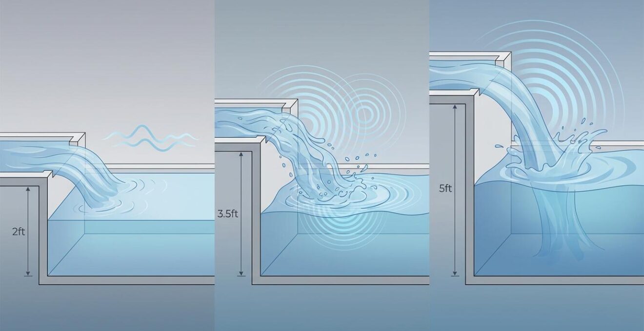 Side view showing three different spillway heights with sound wave patterns