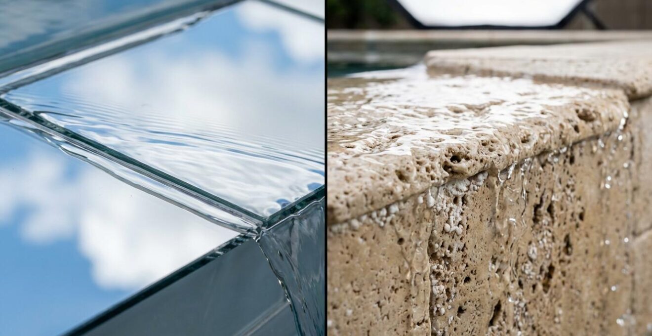 Close-up comparison of water flowing over glass tile and natural stone spillway edges