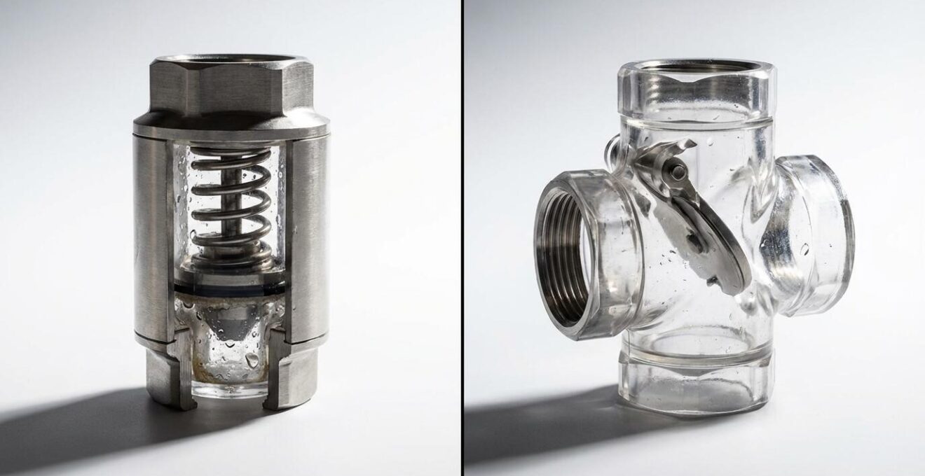 Split comparison showing spring-loaded and flapper check valve mechanisms for pool and spa plumbing systems