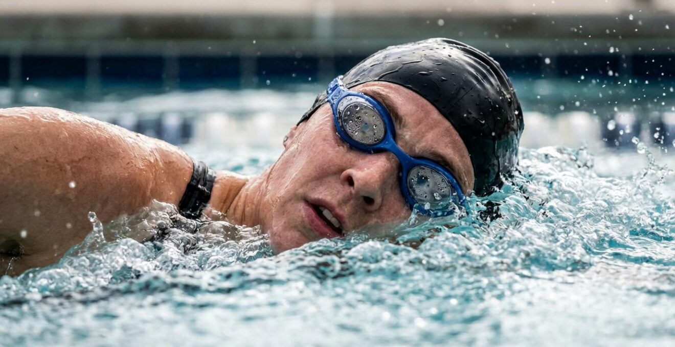 Swimmer practicing sighting technique in turbulent pool conditions