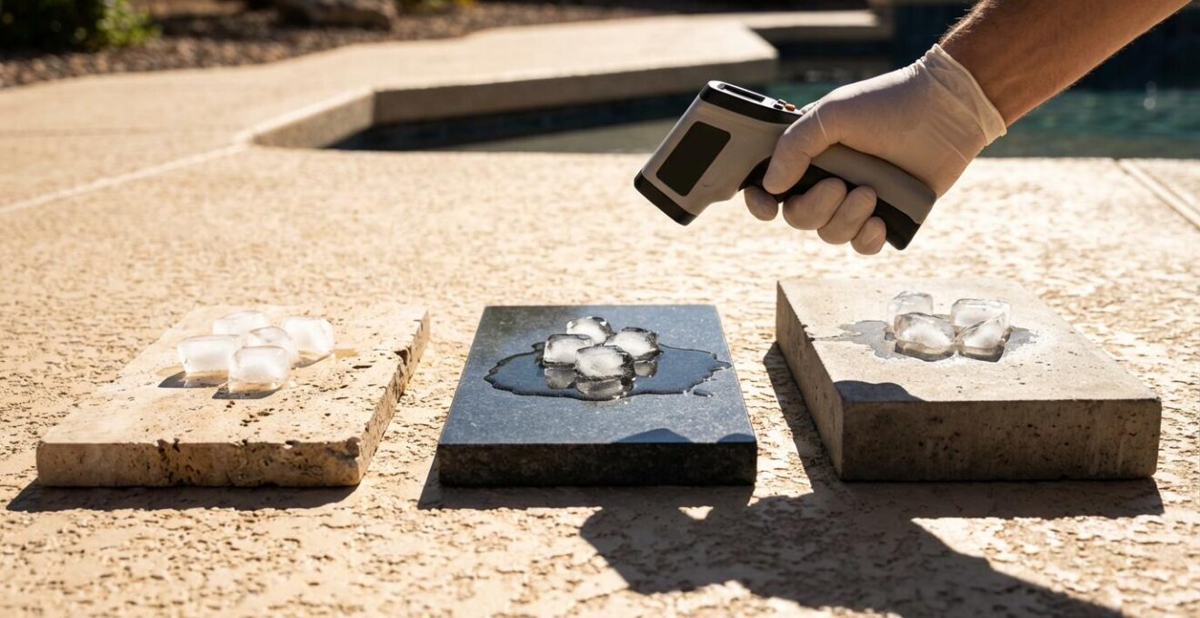 Thermal comparison showing temperature differences between travertine, granite and concrete surfaces under direct sunlight
