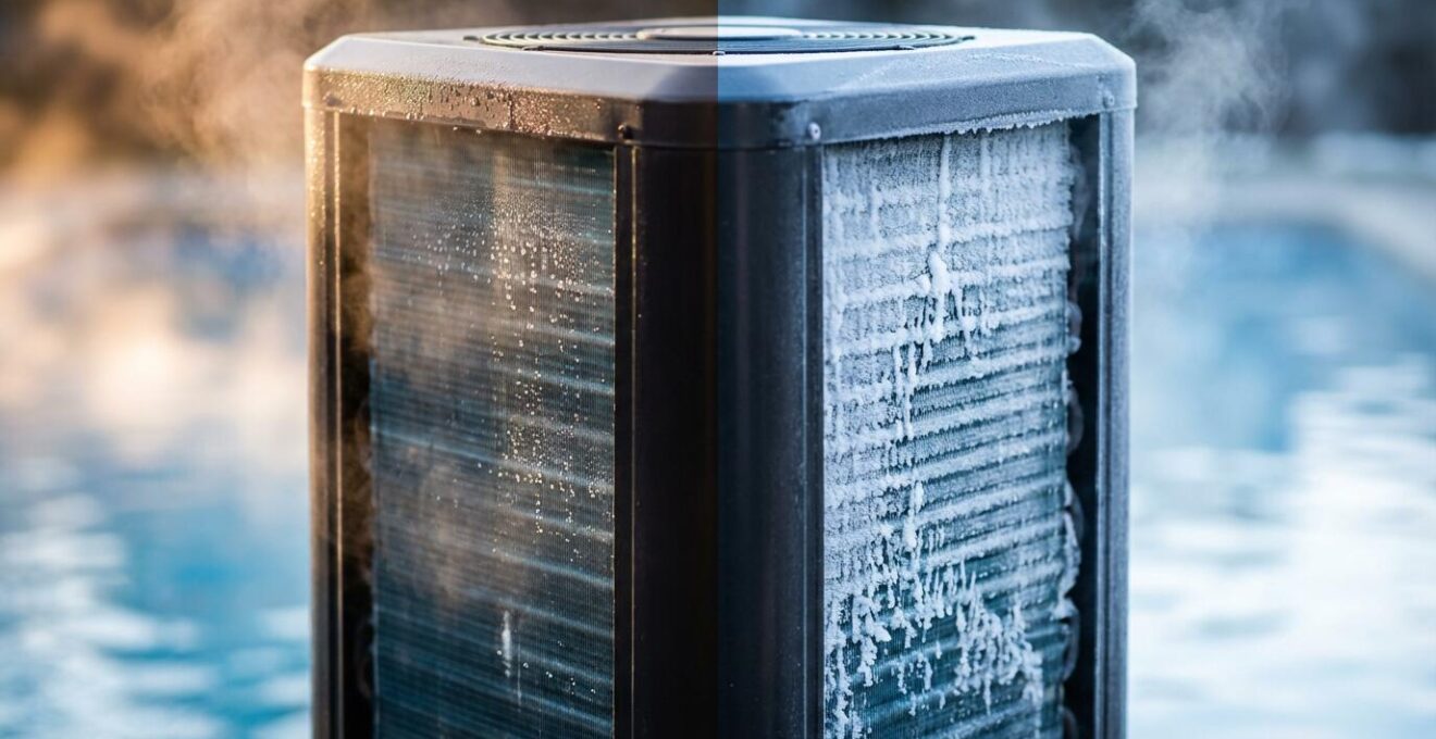 Split view showing heat pump performance at different water temperatures with visible condensation patterns