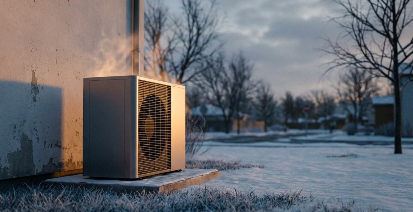 Thermodynamic unit extracting heat from cold winter air with visual heat flow representation