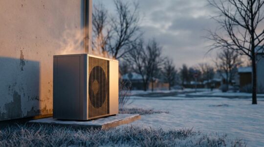 Thermodynamic unit extracting heat from cold winter air with visual heat flow representation