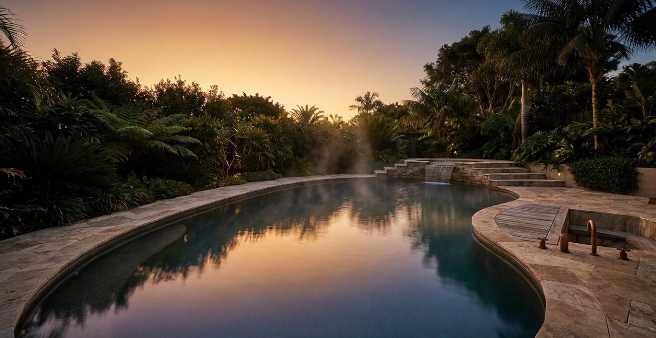 A serene poolside sanctuary designed for stress reduction featuring natural elements and calming water features
