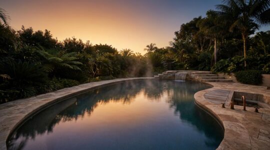 A serene poolside sanctuary designed for stress reduction featuring natural elements and calming water features