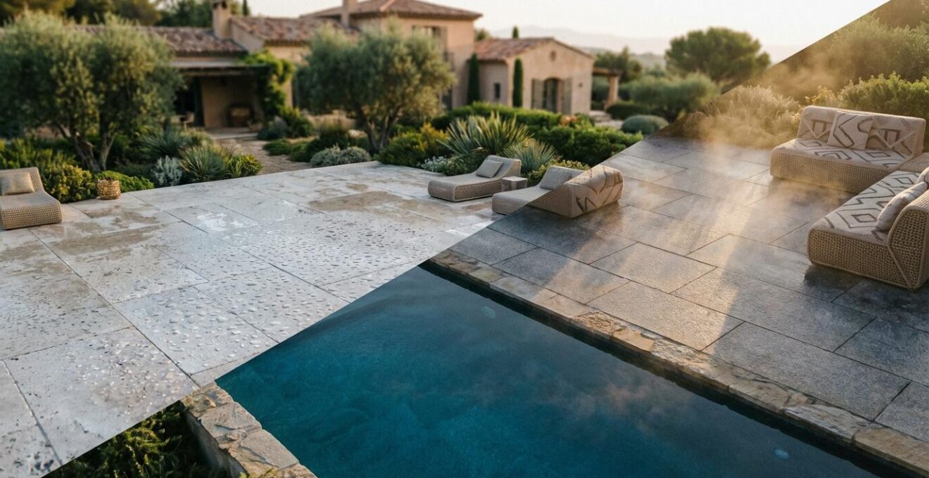 Pool deck showing contrasting natural stones under bright sunlight with visible heat waves