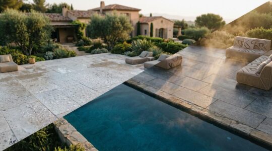 Pool deck showing contrasting natural stones under bright sunlight with visible heat waves