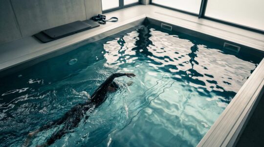 Triathlete training against artificial current in a compact pool environment