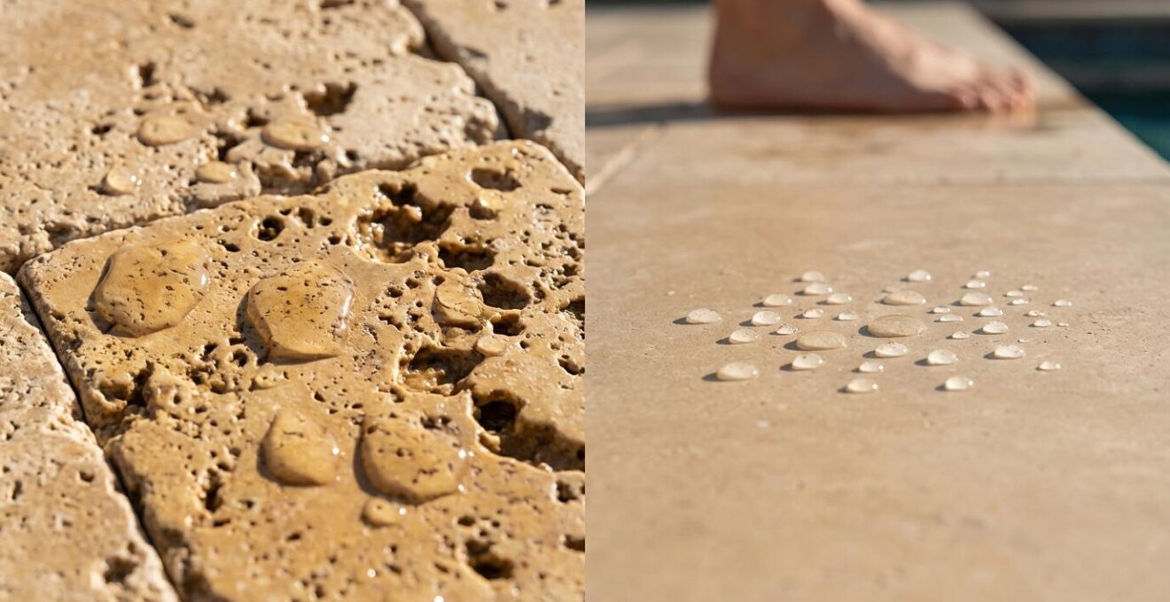 Close-up comparison of tumbled versus honed travertine surfaces showing texture differences for slip resistance