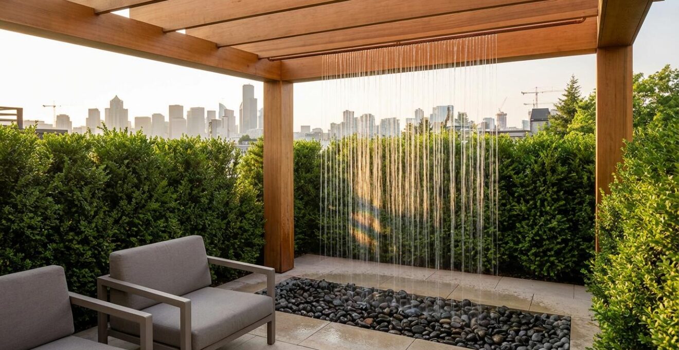 Modern urban backyard featuring a sleek water curtain integrated into a pergola structure with lush greenery