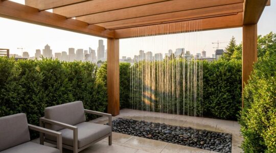 Modern urban backyard featuring a sleek water curtain integrated into a pergola structure with lush greenery