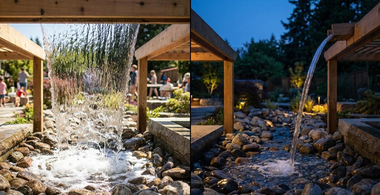Split-view showing water curtain at different flow rates for day and evening ambiance