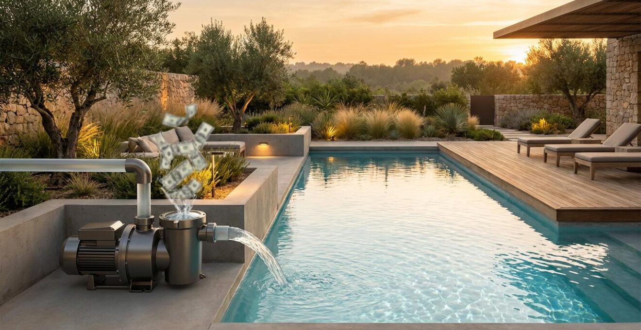 Modern variable speed pool pump system installed next to sparkling swimming pool with energy efficient operation