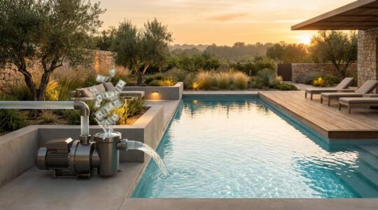 Modern variable speed pool pump system installed next to sparkling swimming pool with energy efficient operation