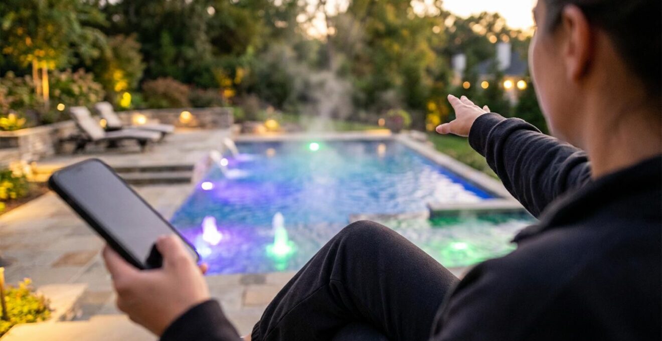 Elegant pool area with smart lighting creating evening ambiance