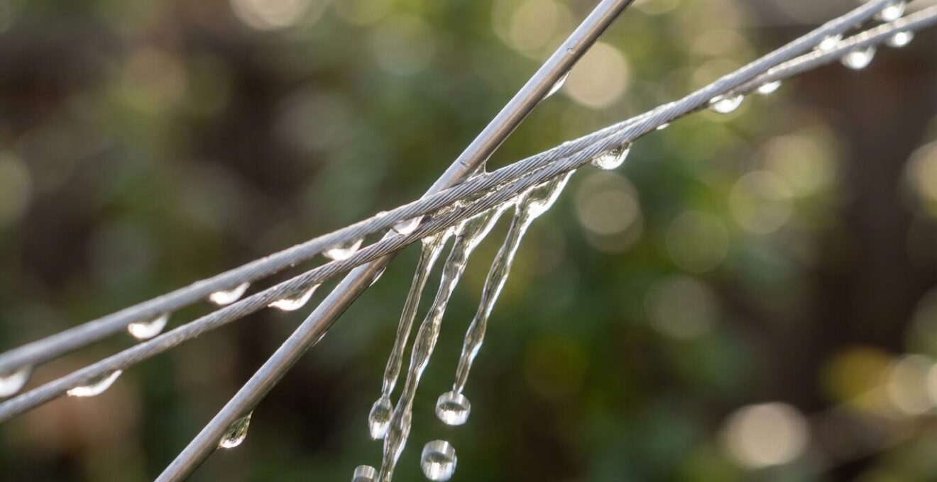 Close-up technical view of water curtain with nearly invisible guide wires preventing wind drift