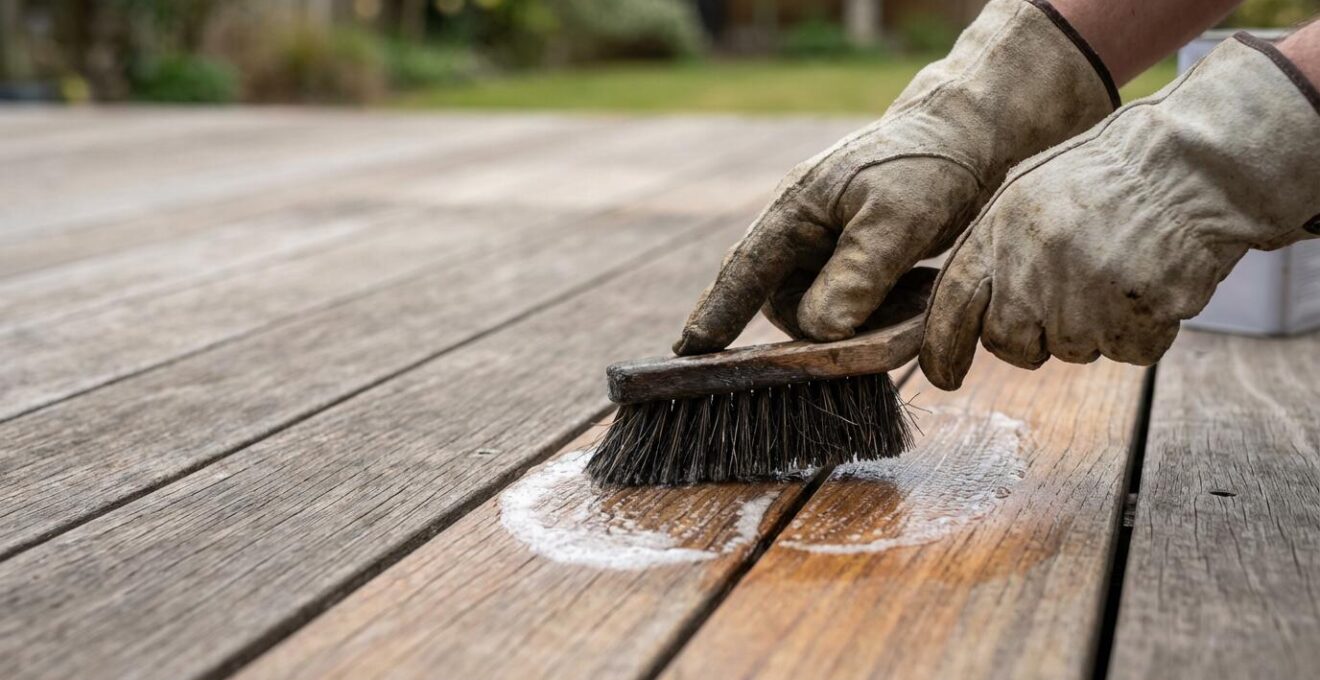 Professional applying brightener solution to weathered exotic wood deck